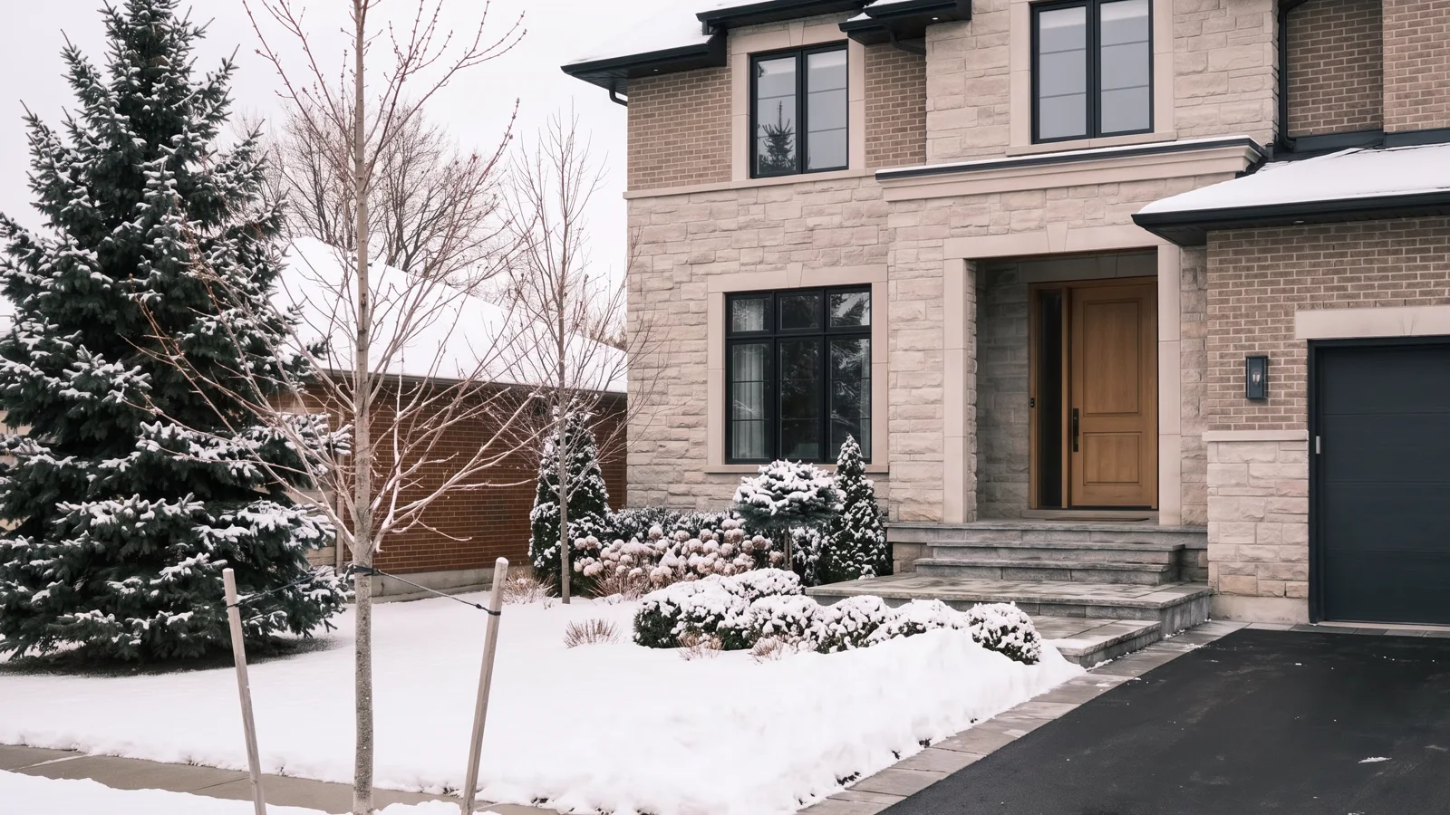 A residential driveway cleared of snow