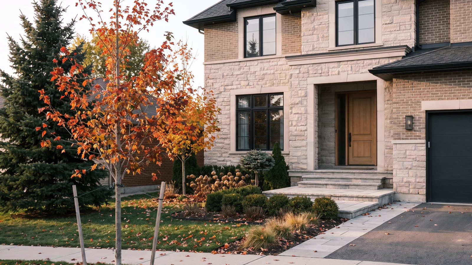 The same home in October with fallen maple leaves on the lawn