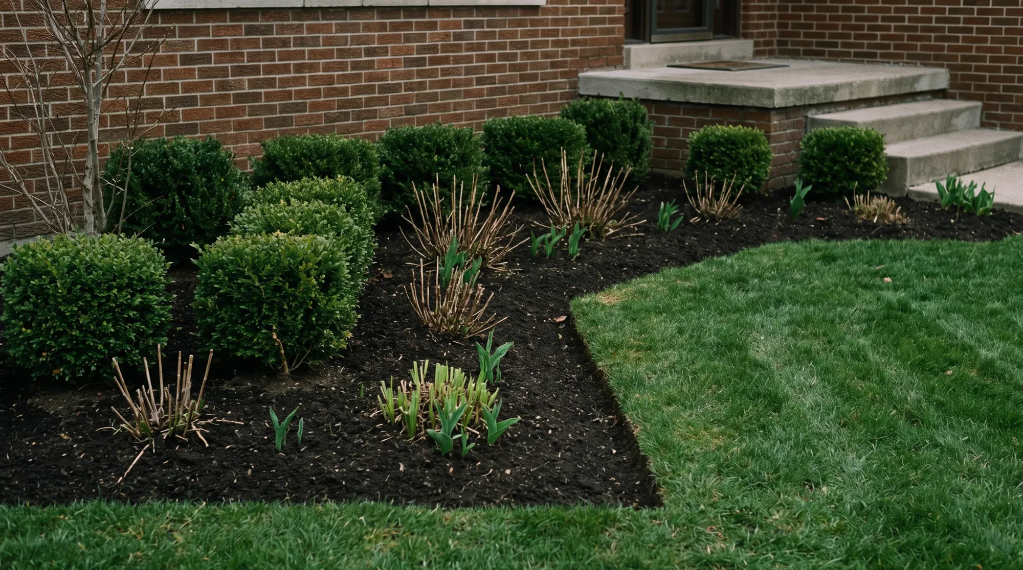 After: the same garden bed cleared to dark soil with trimmed shrubs and a crisp edge to a green lawn