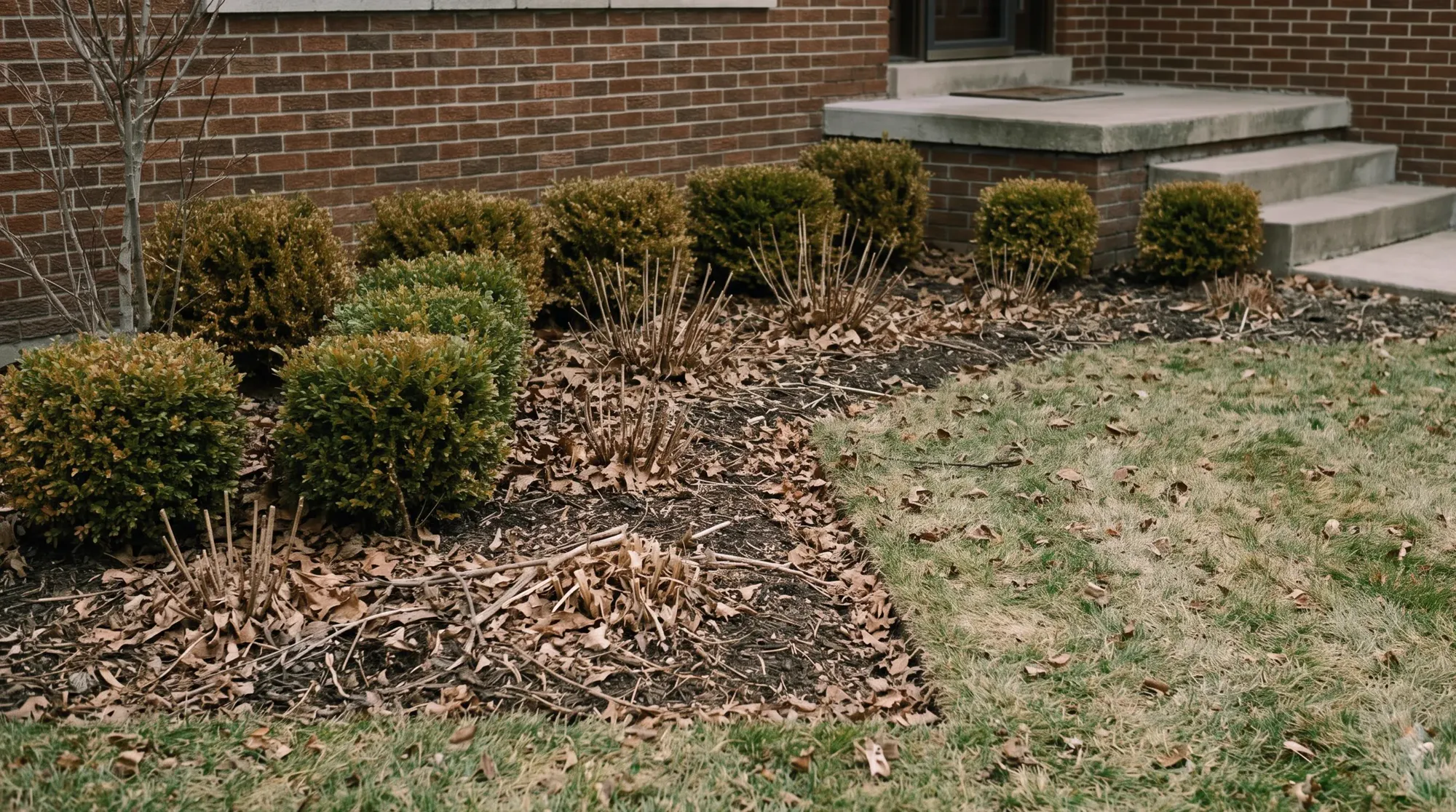 Before: a brick home garden bed covered in matted leaves and dead stems, with a pale ragged lawn edge