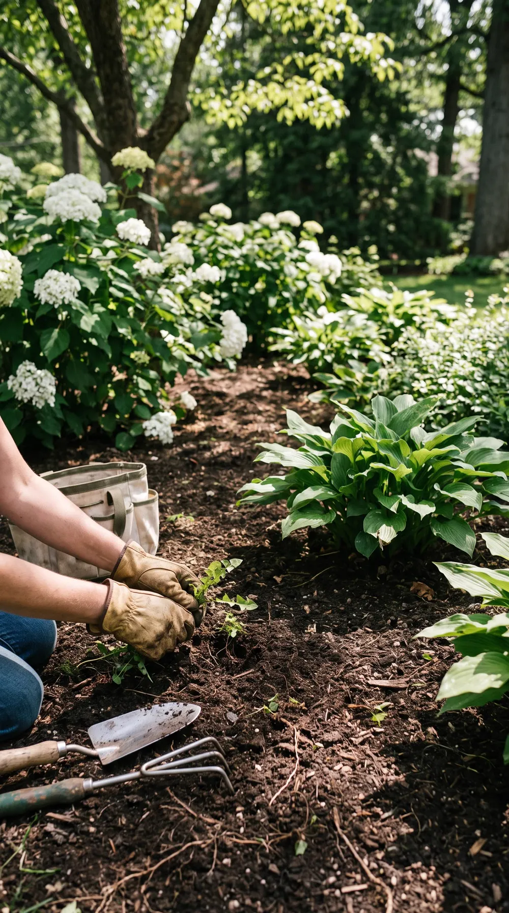 Gloved hands weeding a garden bed of hostas and hydrangeas
