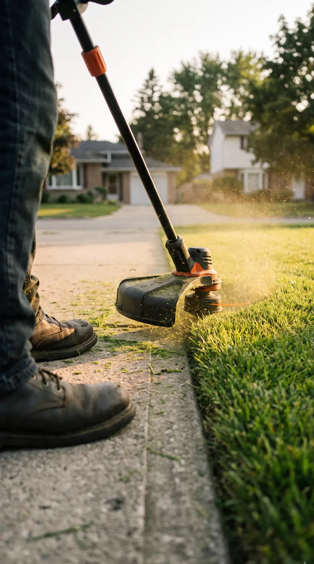 A string trimmer cutting a clean lawn edge along a driveway