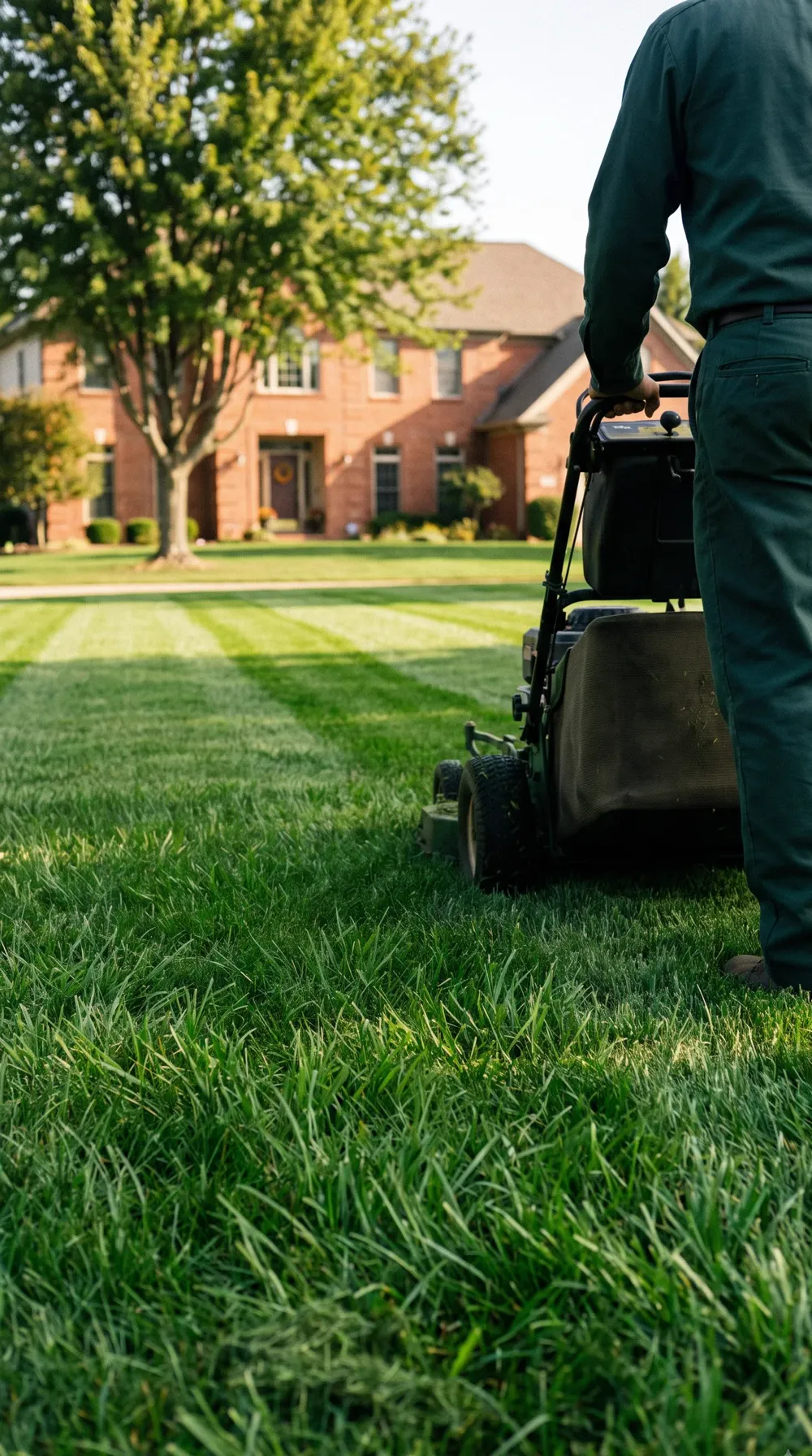 A worker mowing stripes into a front lawn with a walk-behind mower