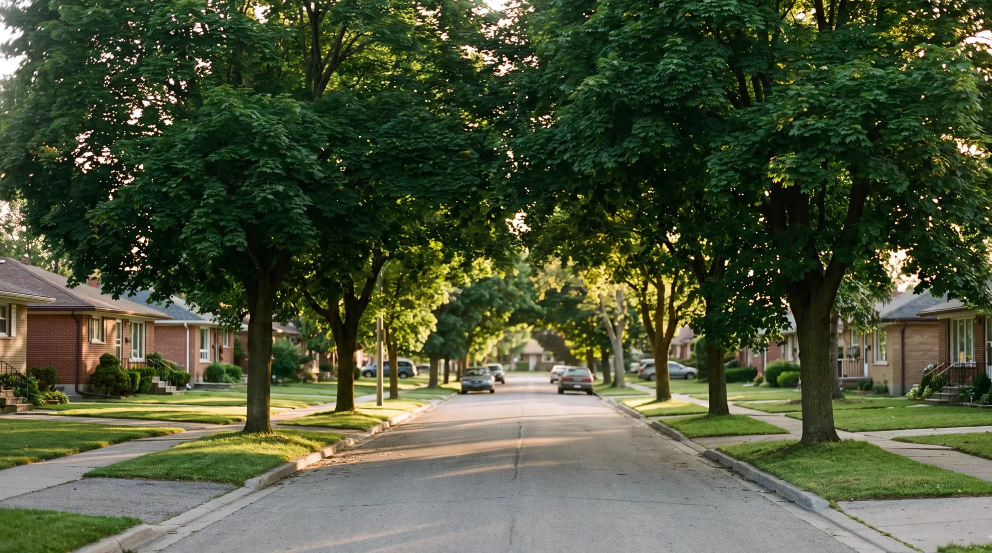 A quiet tree-lined residential street with brick bungalows and front lawns in Windsor