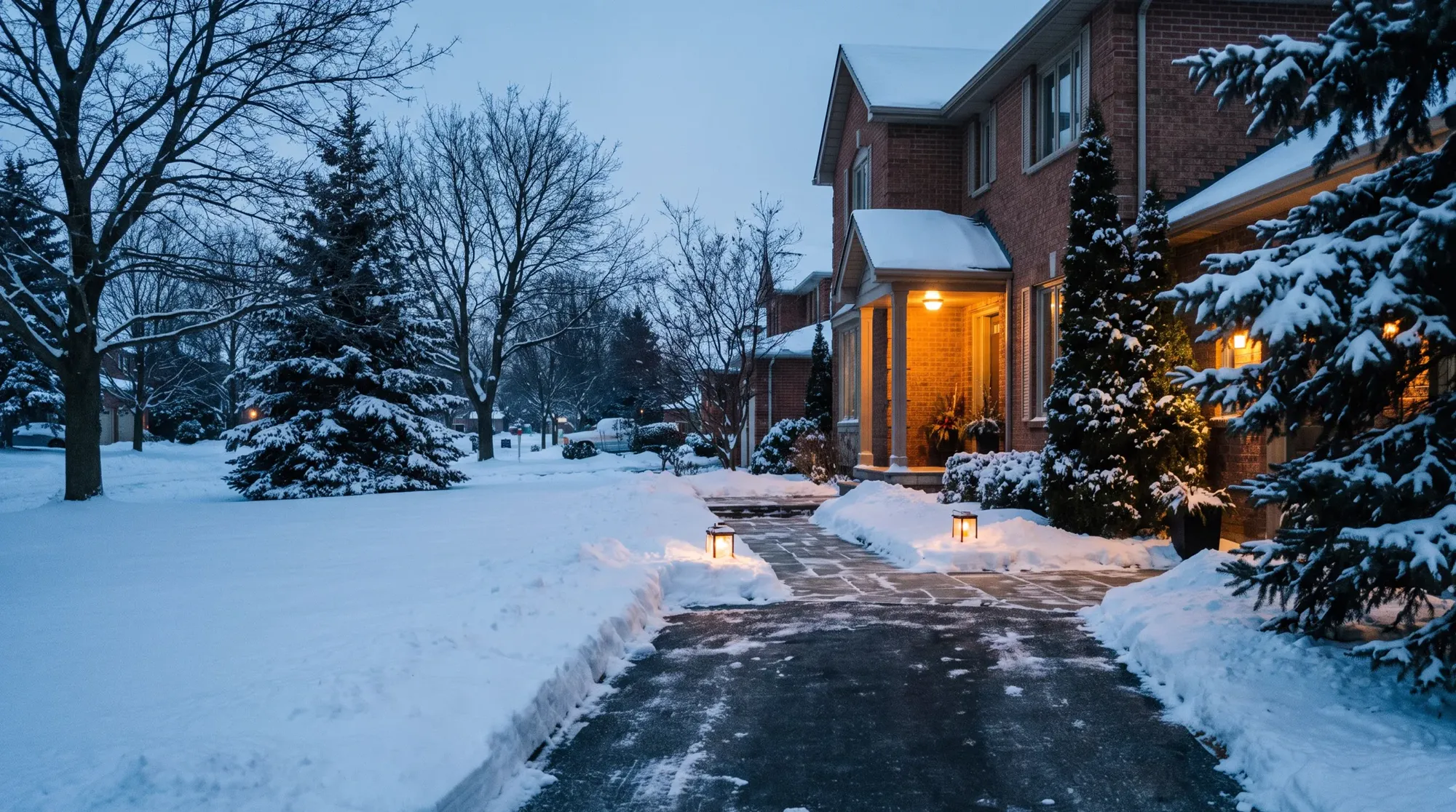 A freshly cleared driveway and walkway at dawn, with neat snow banks and a lit porch