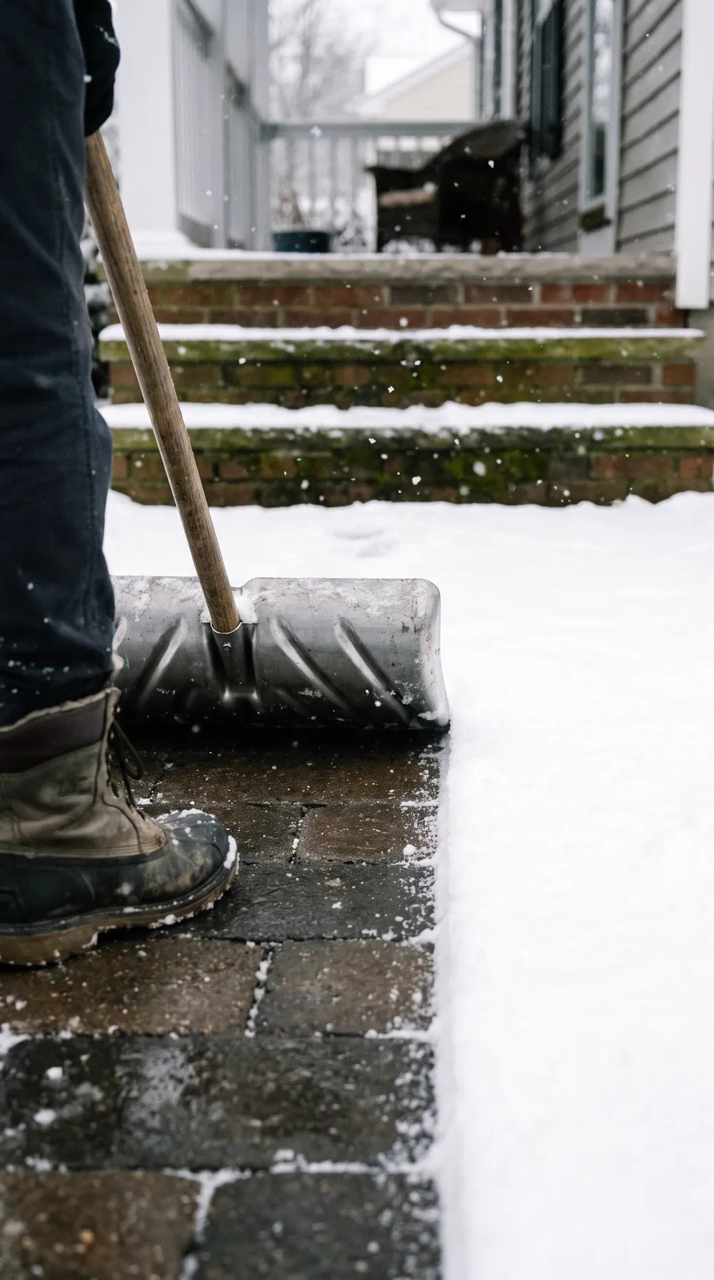 A snow shovel clearing a paver walkway down to the stones in front of brick steps
