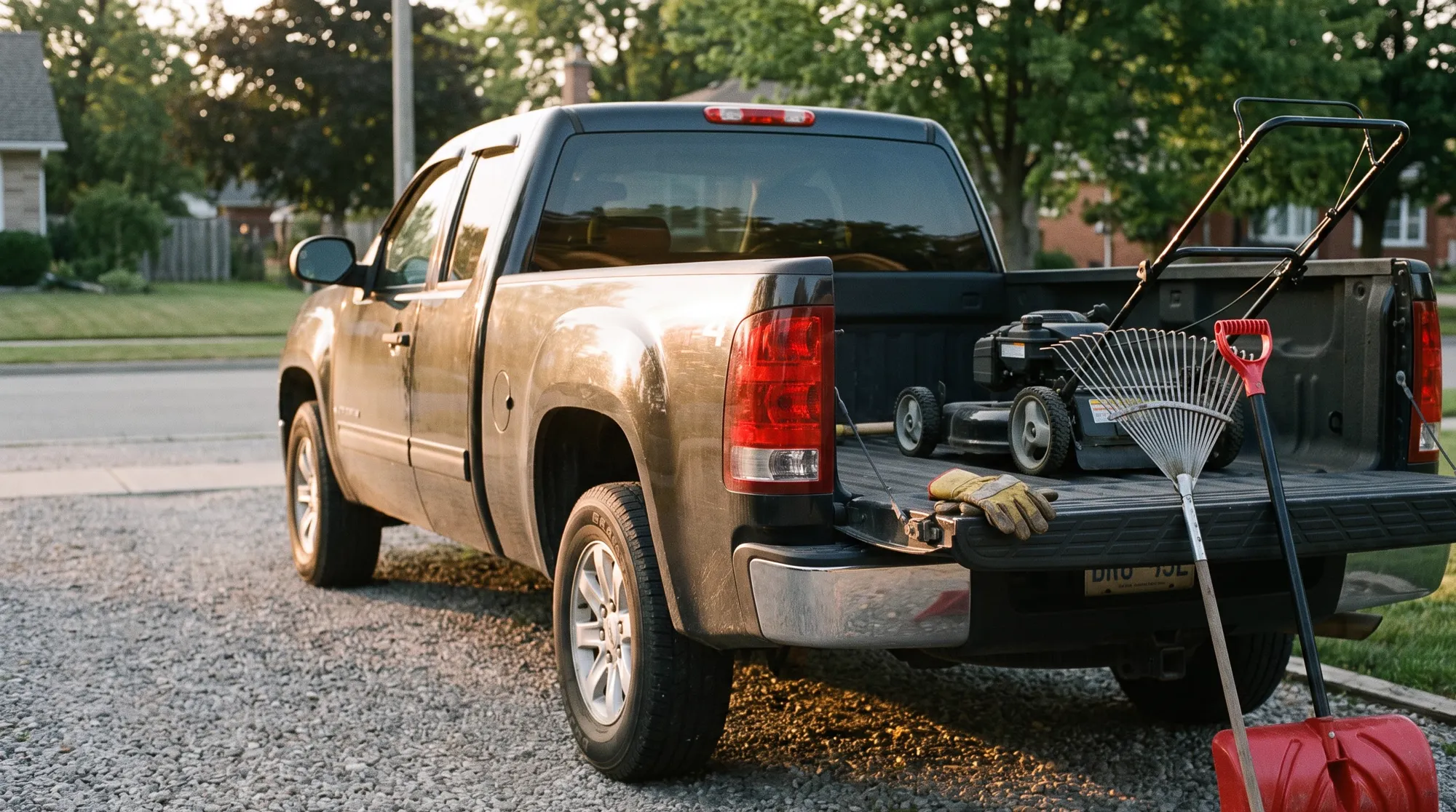 A pickup truck in a driveway loaded with a lawn mower, a leaf rake and a snow shovel
